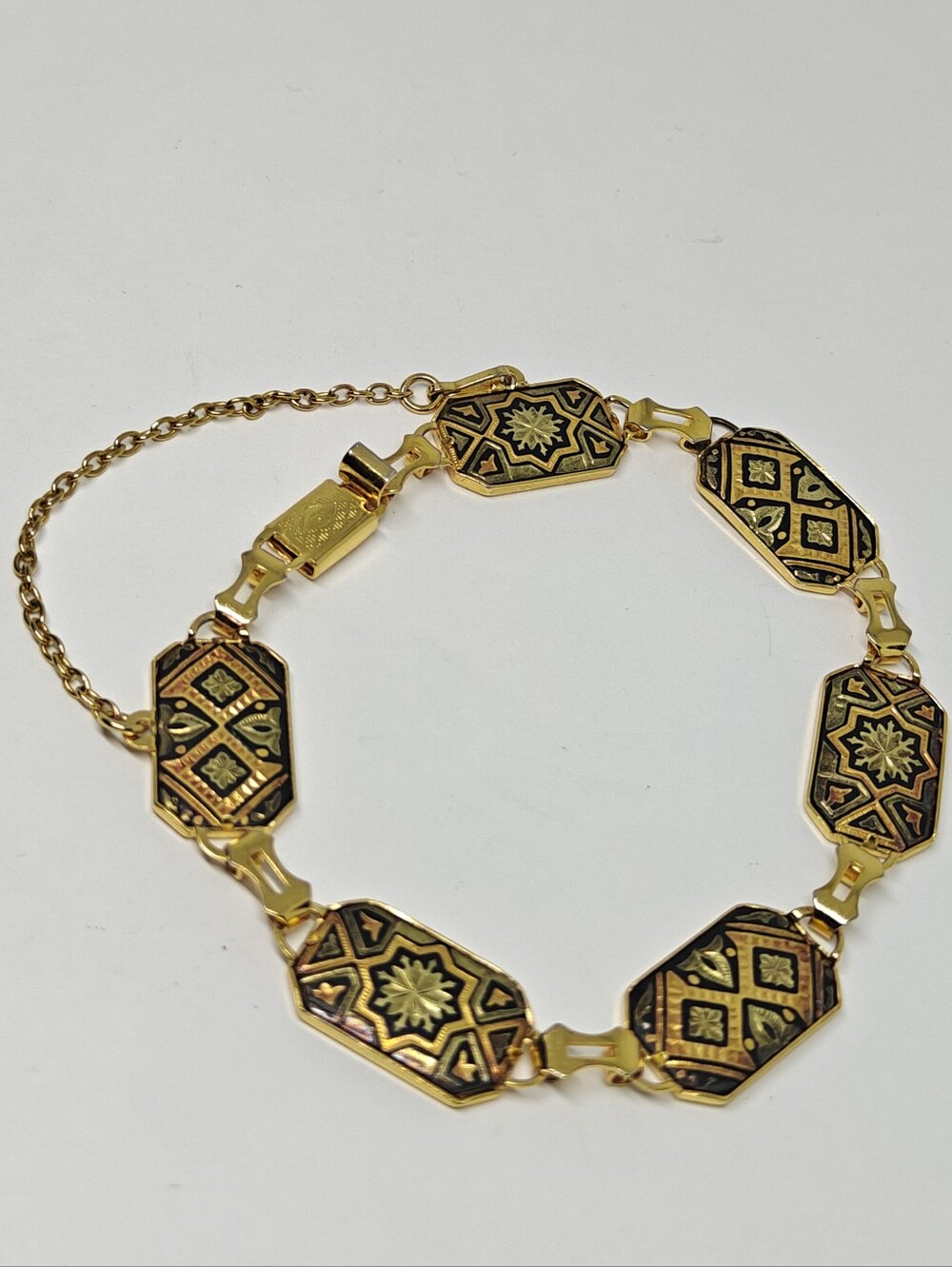 Vintage Damascene Gold Tone Geometric Link bracelet Art Deco Style